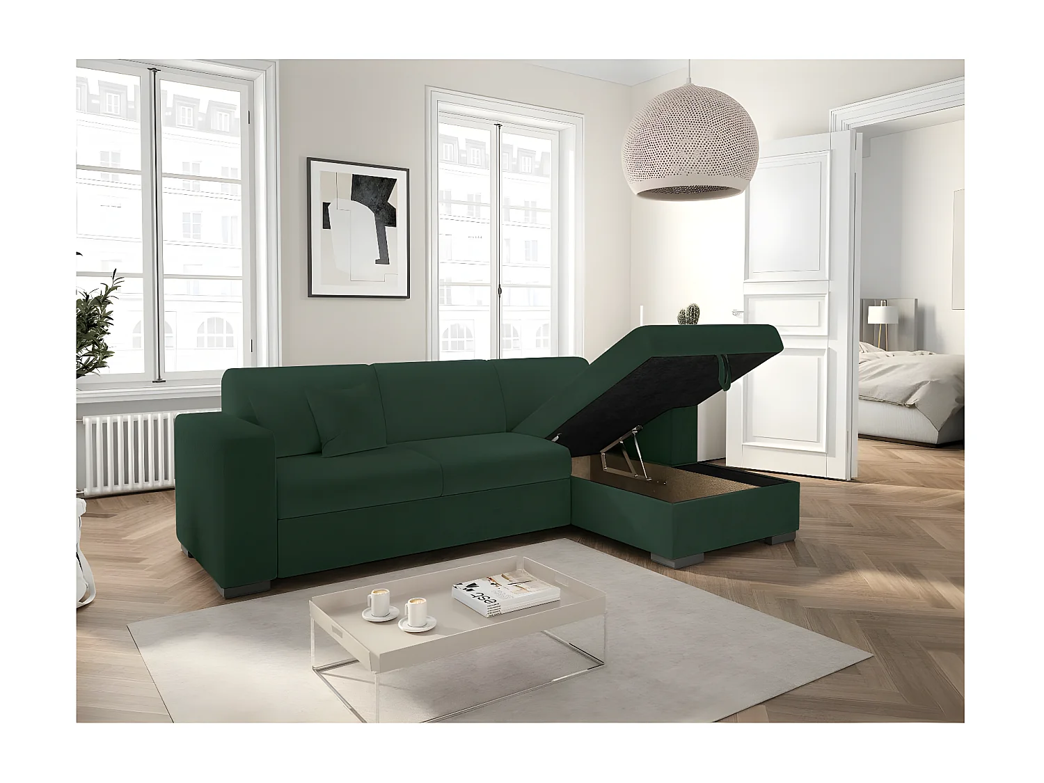 Canapé d'angle droit 4 places Fuji XL convertible avec coffre en tissu bouclette - Vert - L262 x P157 x H83cm - Loungitude