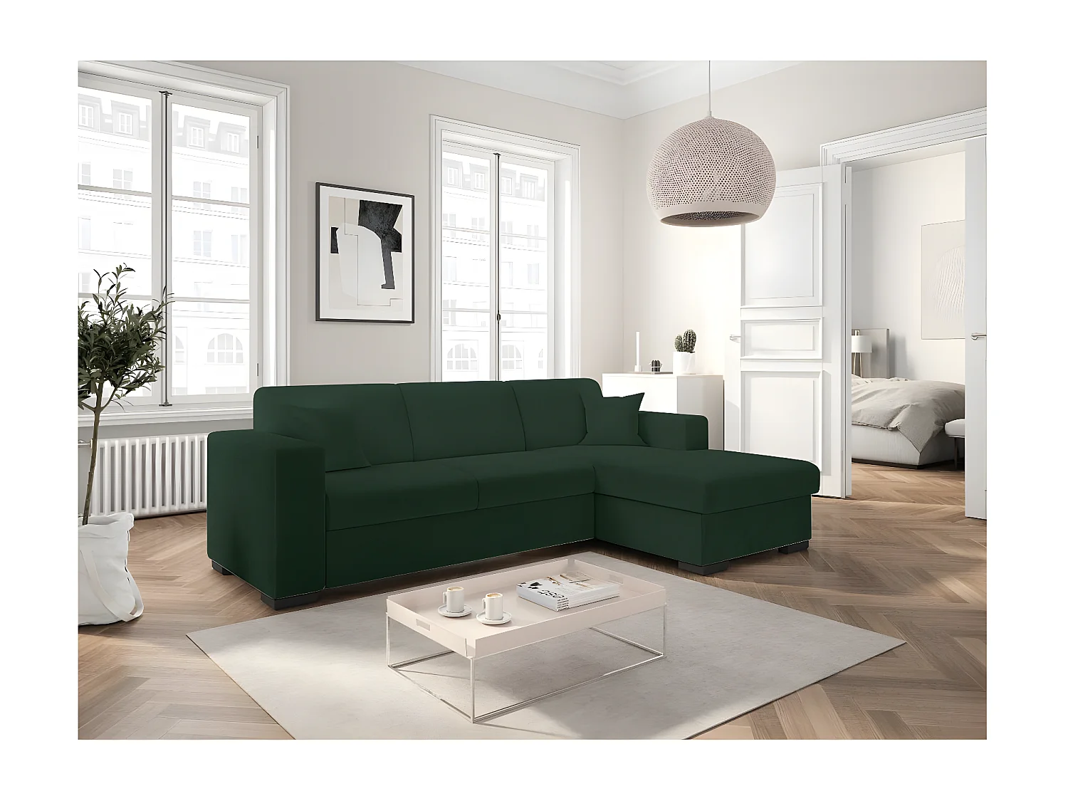 Canapé d'angle droit 4 places Fuji XL convertible avec coffre en tissu bouclette - Vert - L262 x P157 x H83cm - Loungitude