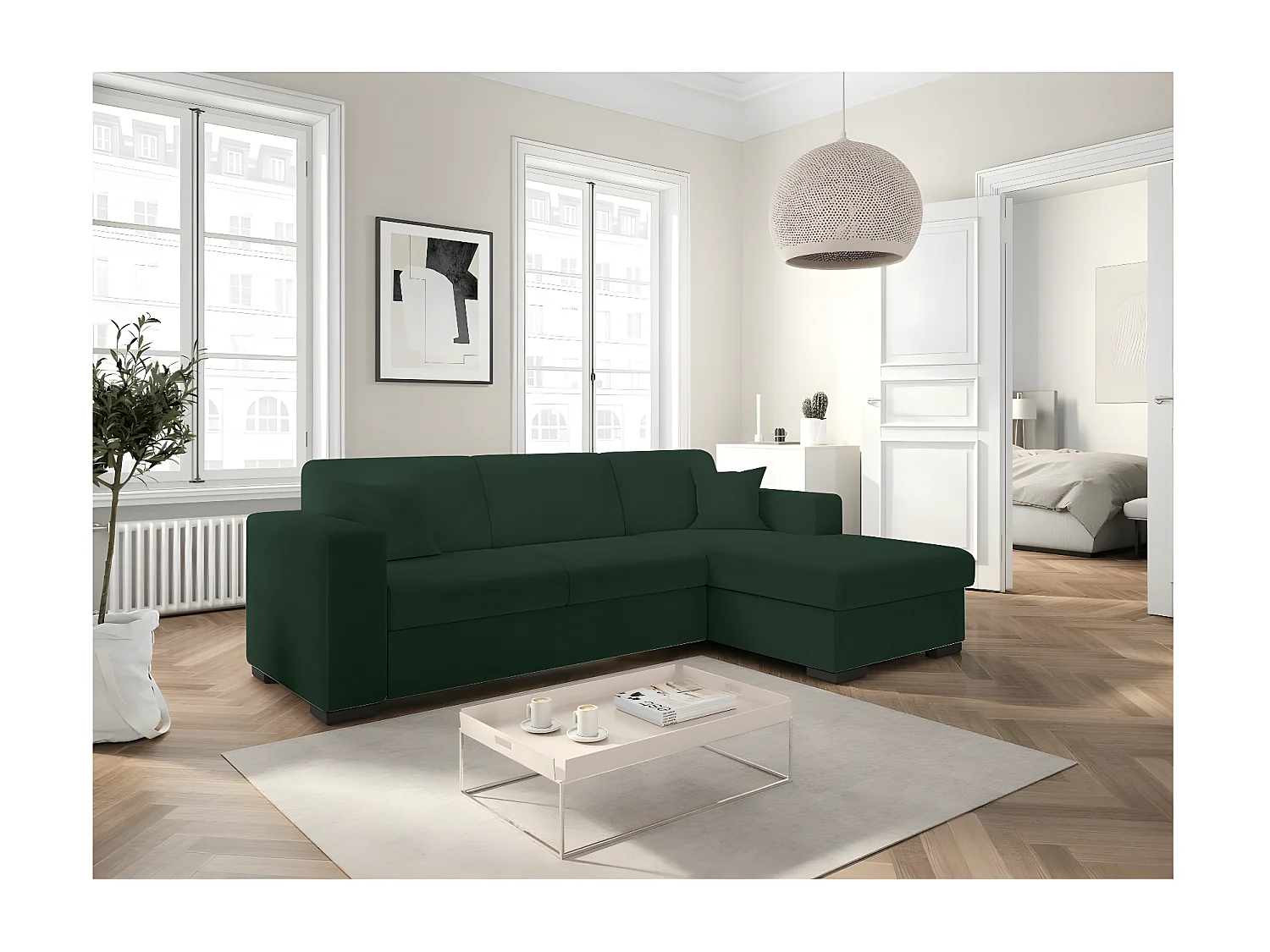 Canapé d'angle droit 4 places Fuji XL convertible avec coffre en tissu bouclette - Vert - L262 x P157 x H83cm - Loungitude