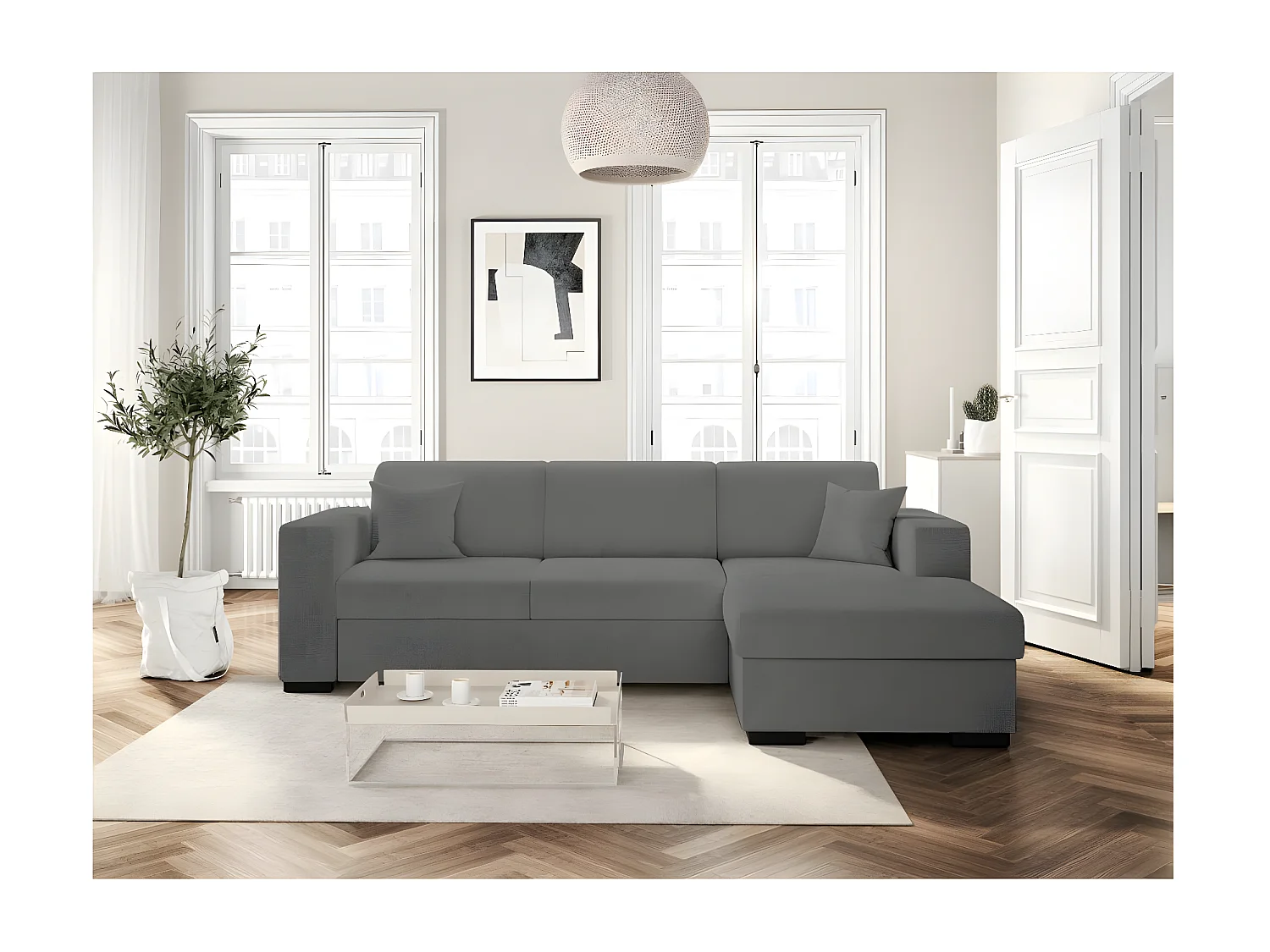 Canapé d'angle droit 4 places Fuji XL convertible avec coffre en tissu bouclette - Gris - L262 x P157 x H83cm - Loungitude