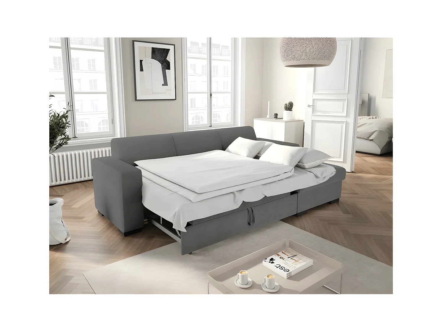 Canapé d'angle droit 4 places Fuji XL convertible avec coffre en tissu bouclette - Gris - L262 x P157 x H83cm - Loungitude