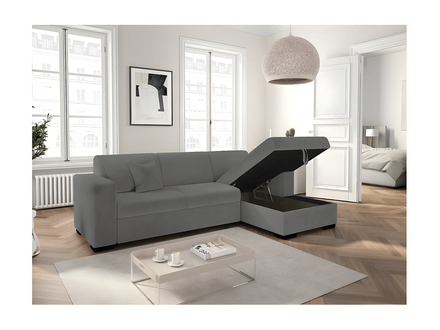 Canapé d'angle droit 4 places Fuji XL convertible avec coffre en tissu bouclette - Gris - L262 x P157 x H83cm - Loungitude