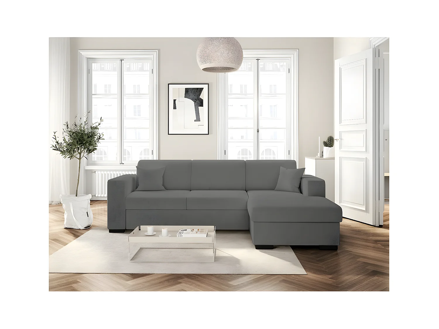 Canapé d'angle droit 4 places Fuji XL convertible avec coffre en tissu bouclette - Gris - L262 x P157 x H83cm - Loungitude