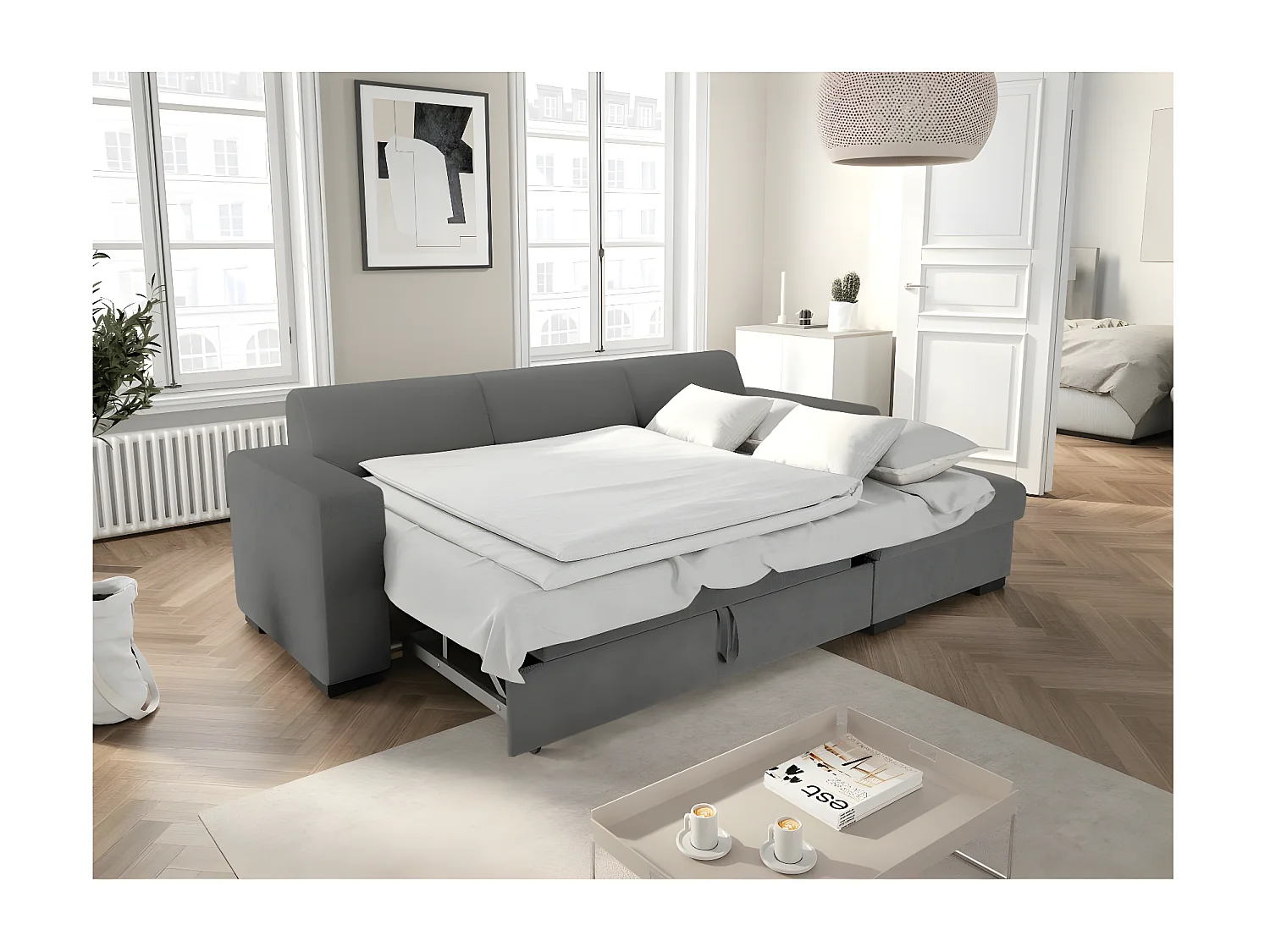 Canapé d'angle droit 4 places Fuji XL convertible avec coffre en tissu bouclette - Gris - L262 x P157 x H83cm - Loungitude