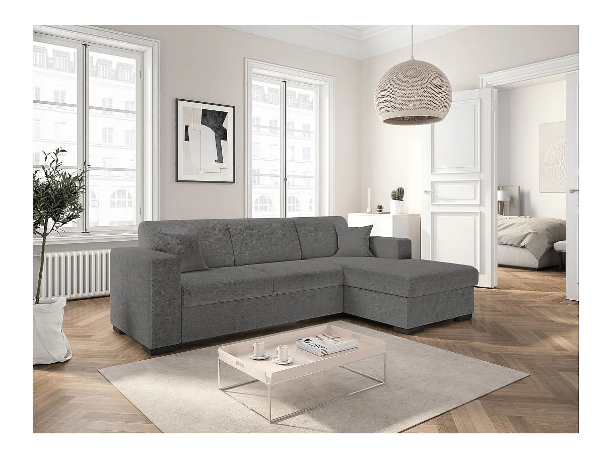 Canapé d'angle convertible 4 places avec coffre en tissu gris FUJI