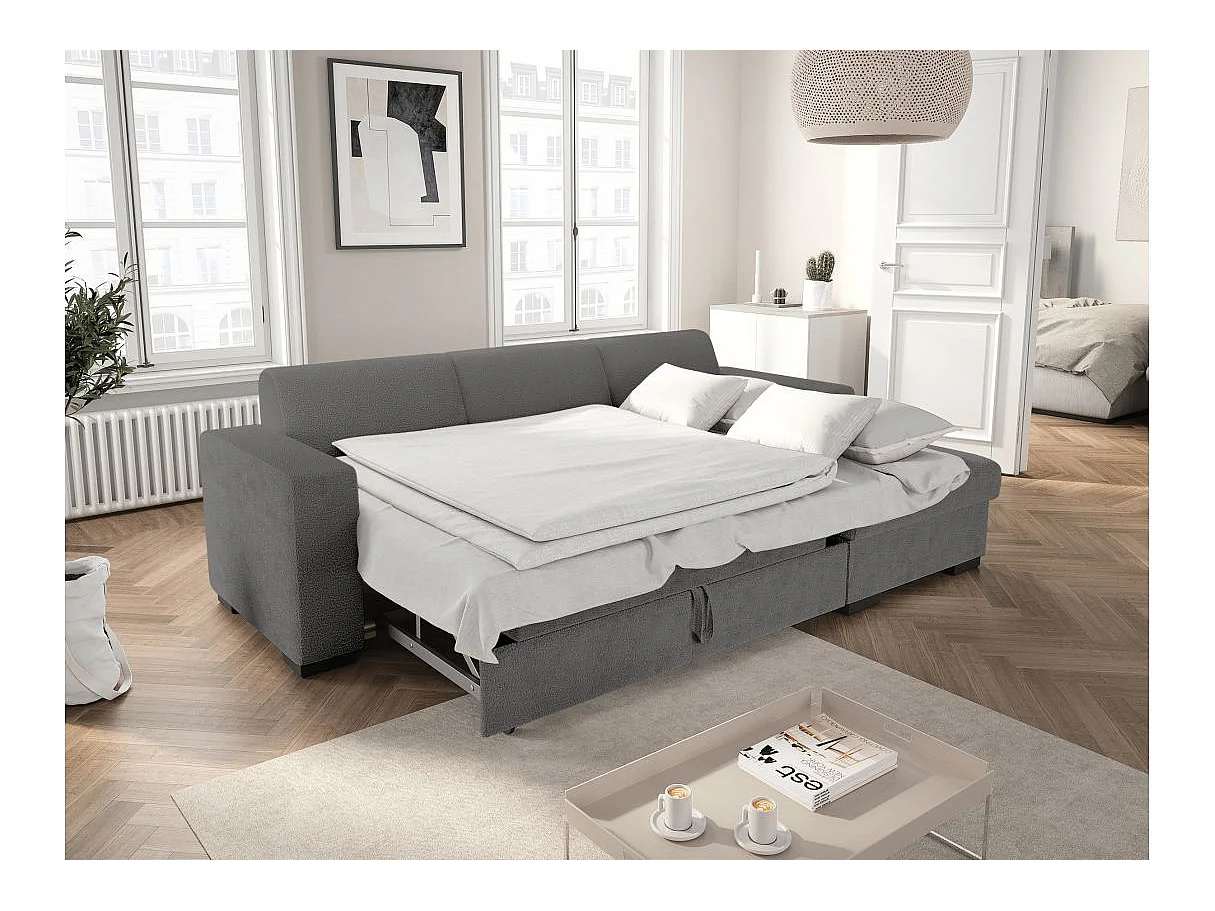 Canapé d'angle convertible 4 places avec coffre en tissu gris FUJI