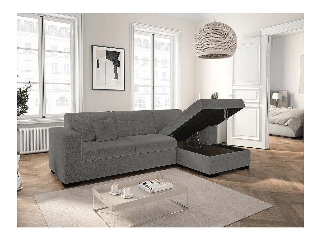 Canapé d'angle convertible 4 places avec coffre en tissu gris FUJI