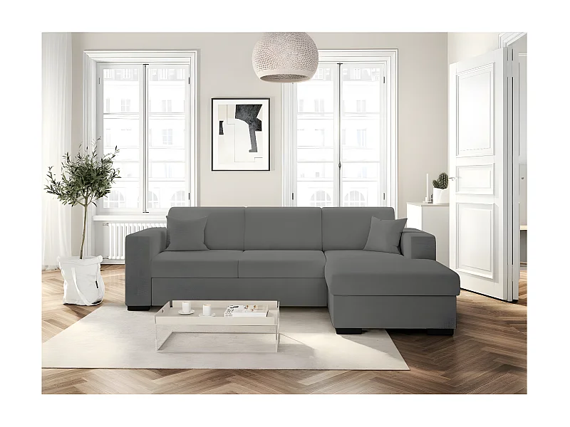 Canapé d'angle droit 4 places Fuji XL convertible avec coffre en tissu bouclette - Gris - L262 x P157 x H83cm - Loungitude