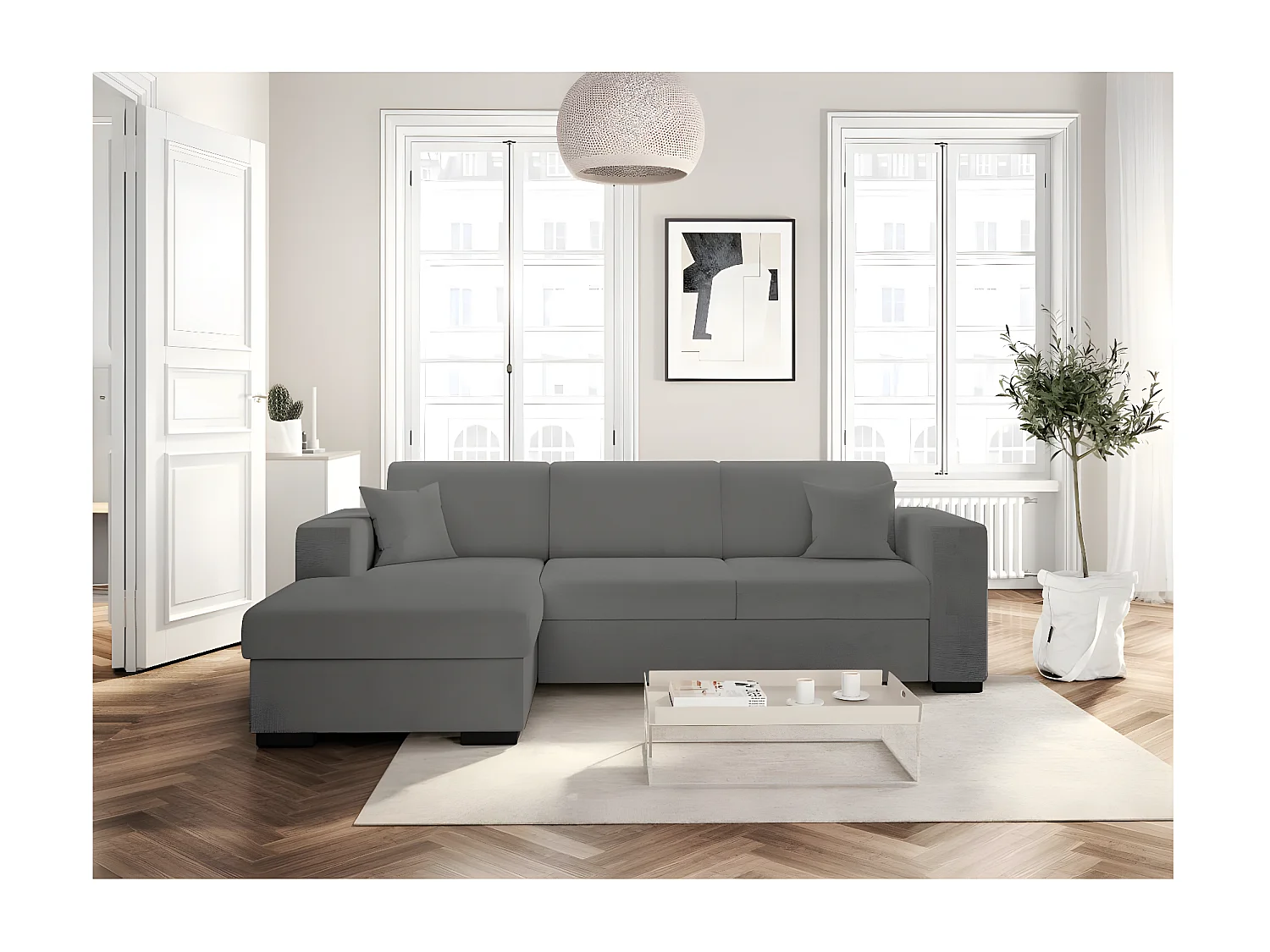 Canapé d'angle gauche 4 places Fuji XL convertible avec coffre en tissu bouclette - Gris - L262 x P157 x H83cm - Loungitude