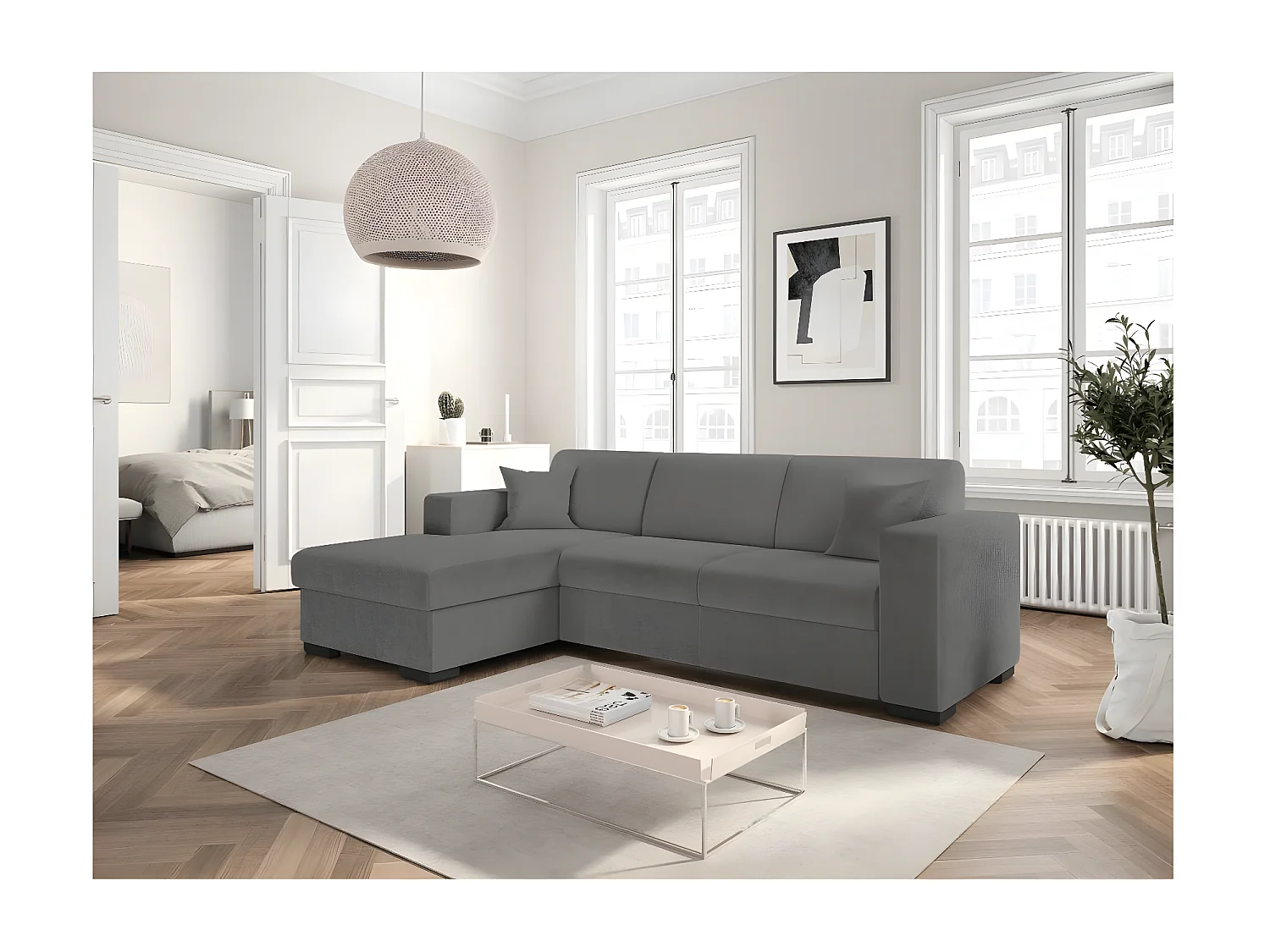 Canapé d'angle gauche 4 places Fuji XL convertible avec coffre en tissu bouclette - Gris - L262 x P157 x H83cm - Loungitude