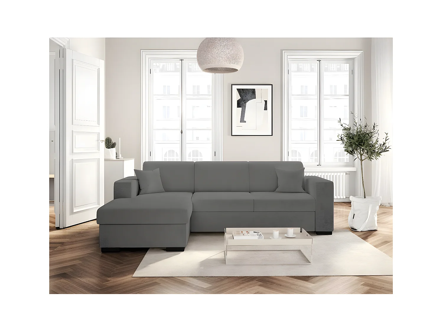 Canapé d'angle gauche 4 places Fuji XL convertible avec coffre en tissu bouclette - Gris - L262 x P157 x H83cm - Loungitude