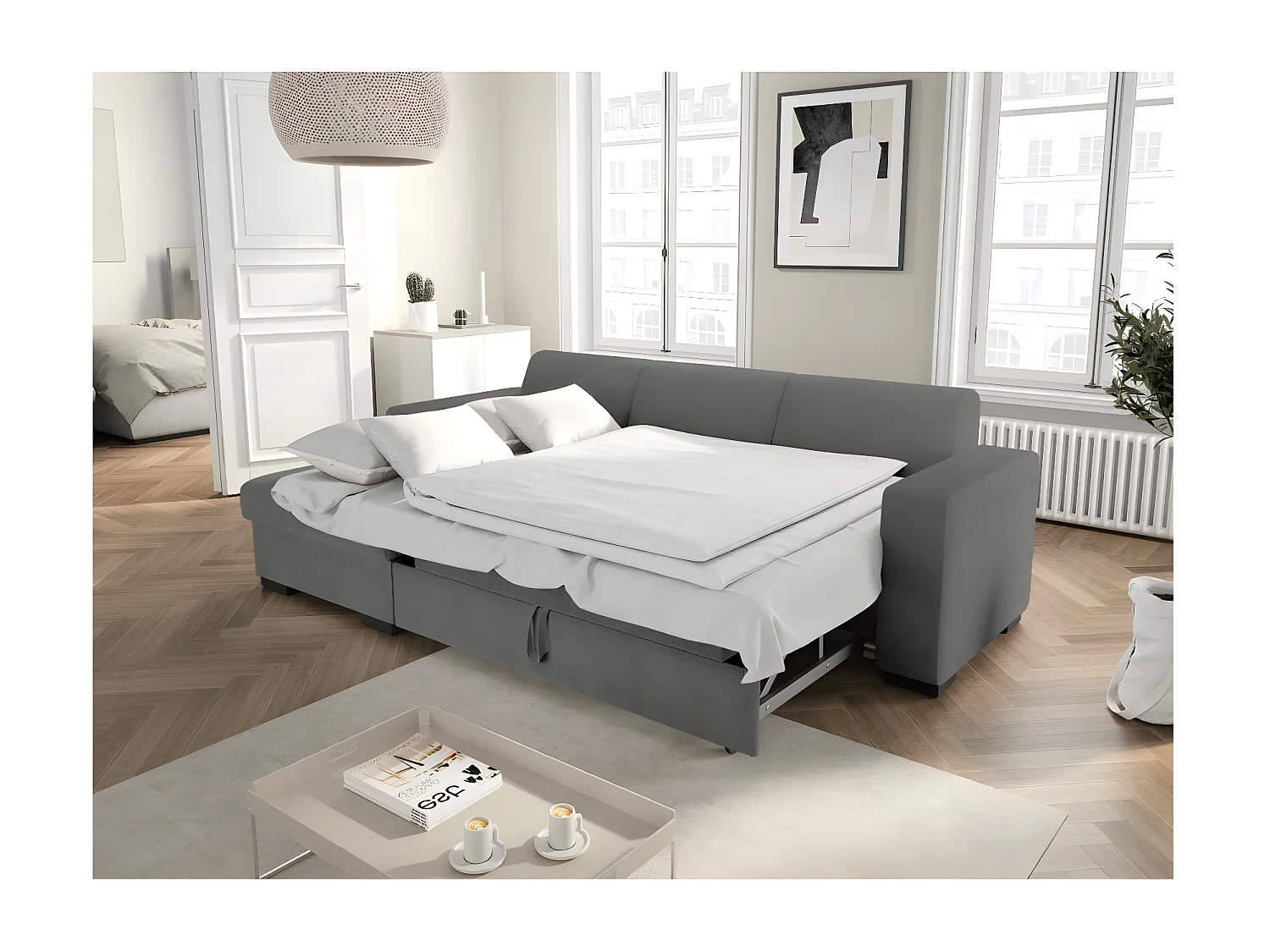 Canapé d'angle gauche 4 places Fuji XL convertible avec coffre en tissu bouclette - Gris - L262 x P157 x H83cm - Loungitude