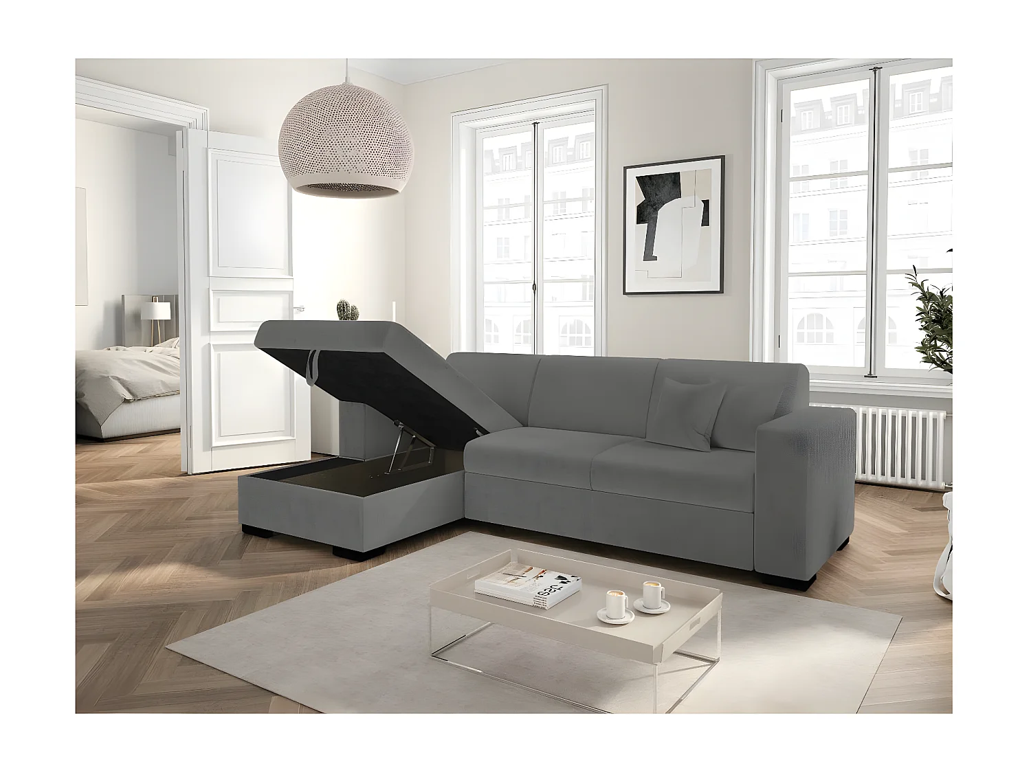 Canapé d'angle gauche 4 places Fuji XL convertible avec coffre en tissu bouclette - Gris - L262 x P157 x H83cm - Loungitude