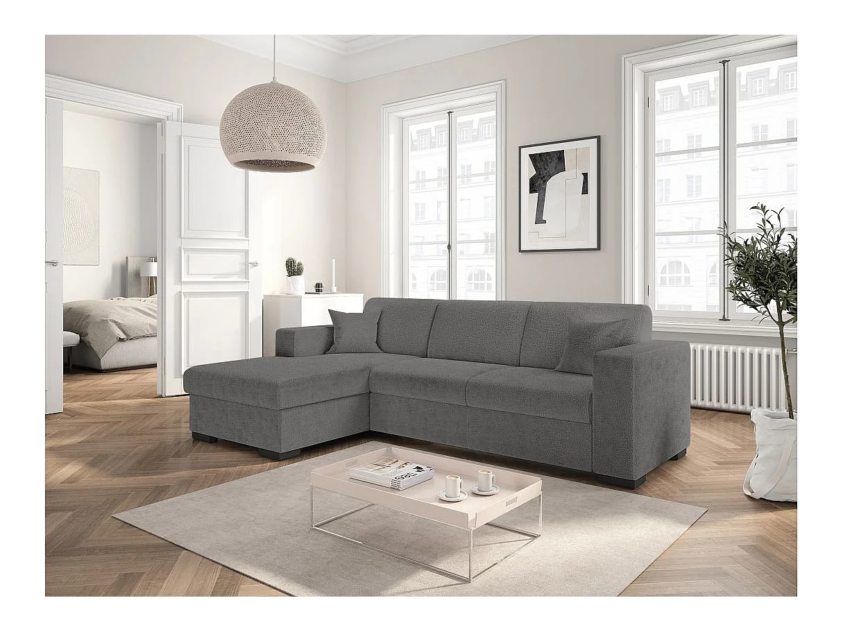 Canapé d'angle convertible 4 places avec coffre en tissu gris FUJI