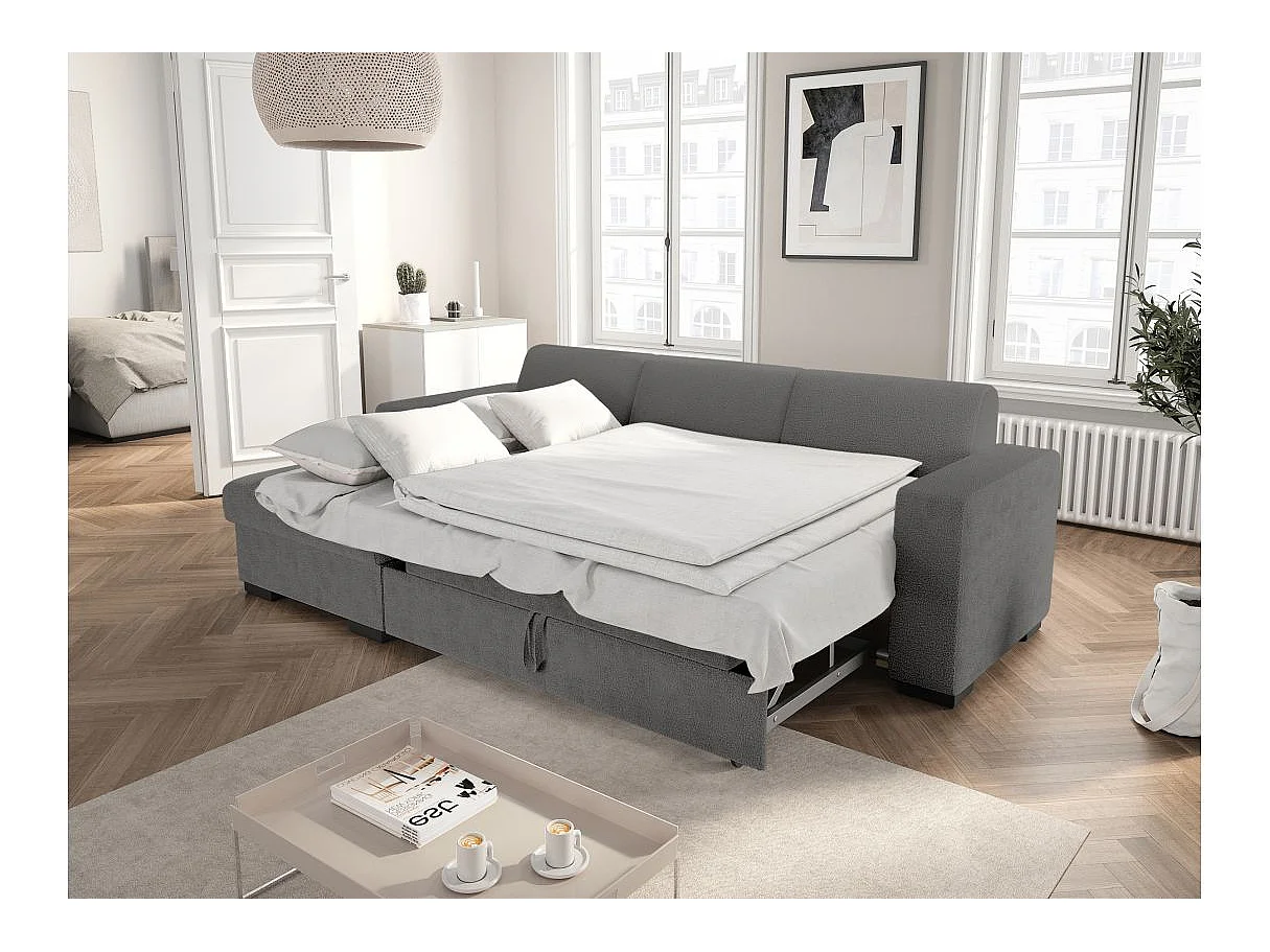 Canapé d'angle convertible 4 places avec coffre en tissu gris FUJI