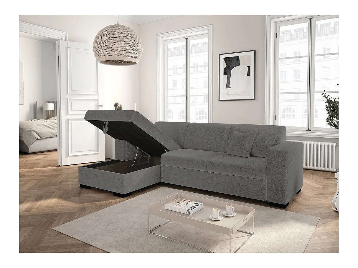 Canapé d'angle convertible 4 places avec coffre en tissu gris FUJI