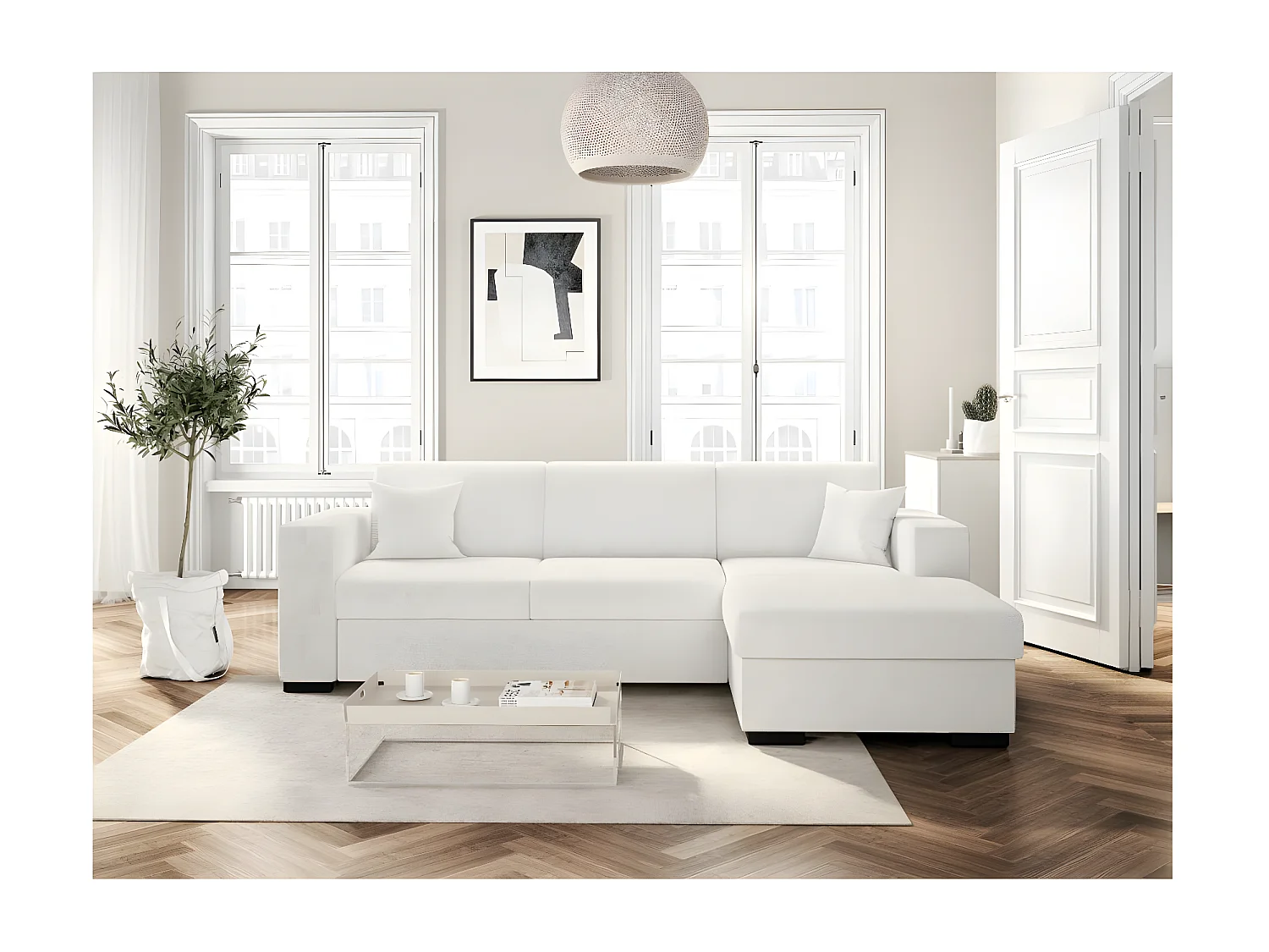 Canapé d'angle droit 4 places Fuji XL convertible avec coffre en tissu bouclette - Blanc - L262 x P157 x H83cm - Loungitude