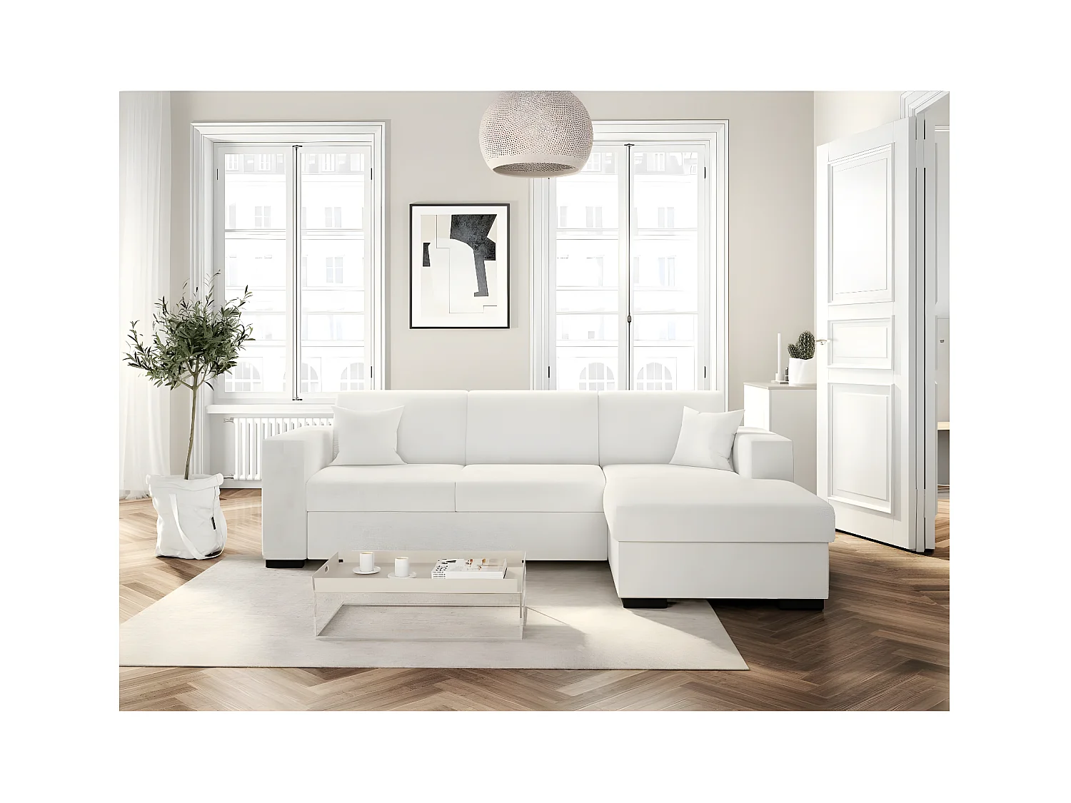 Canapé d'angle droit 4 places Fuji XL convertible avec coffre en tissu bouclette - Blanc - L262 x P157 x H83cm - Loungitude
