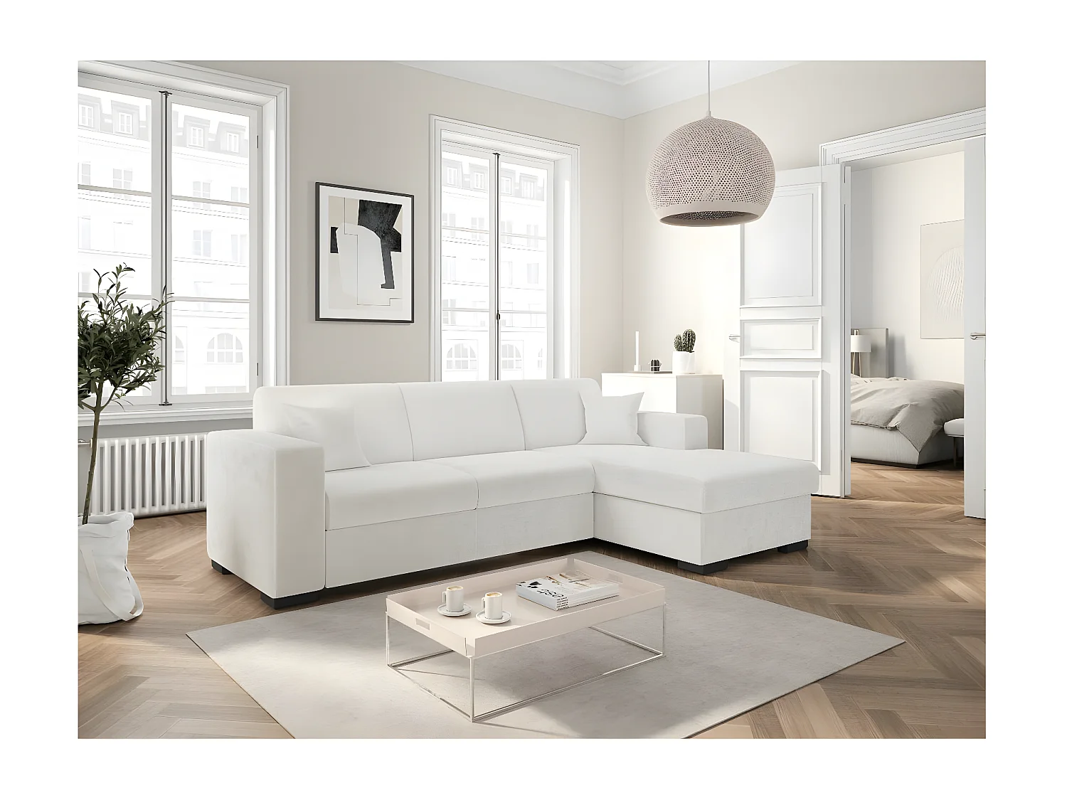 Canapé d'angle droit 4 places Fuji XL convertible avec coffre en tissu bouclette - Blanc - L262 x P157 x H83cm - Loungitude