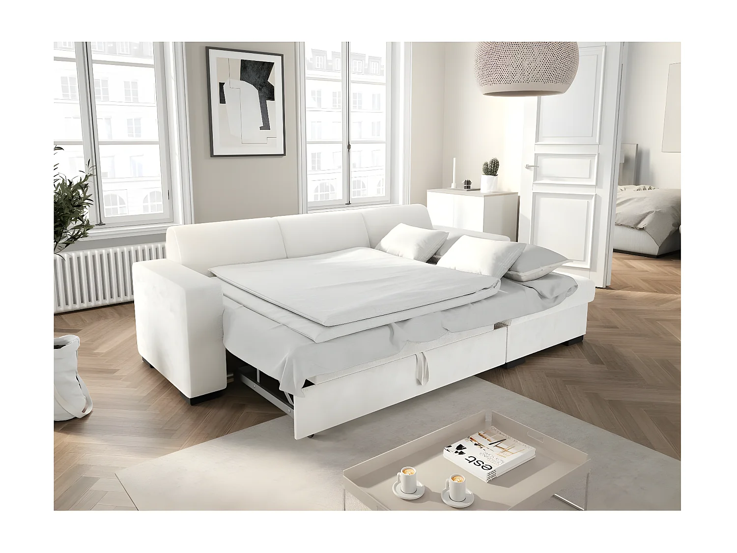 Canapé d'angle droit 4 places Fuji XL convertible avec coffre en tissu bouclette - Blanc - L262 x P157 x H83cm - Loungitude