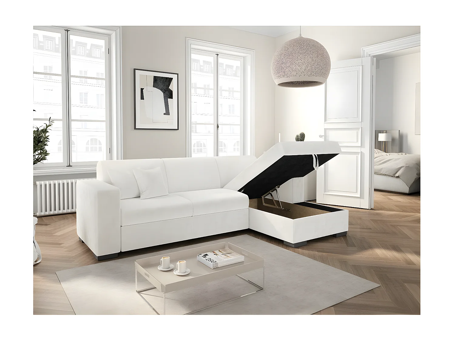 Canapé d'angle droit 4 places Fuji XL convertible avec coffre en tissu bouclette - Blanc - L262 x P157 x H83cm - Loungitude
