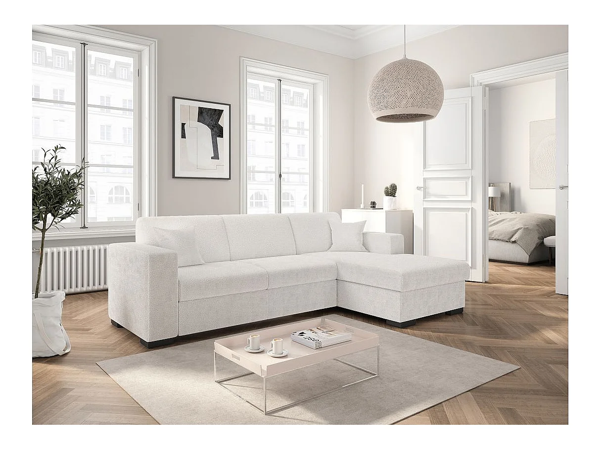 Canapé d'angle convertible 4 places avec coffre en tissu blanc FUJI