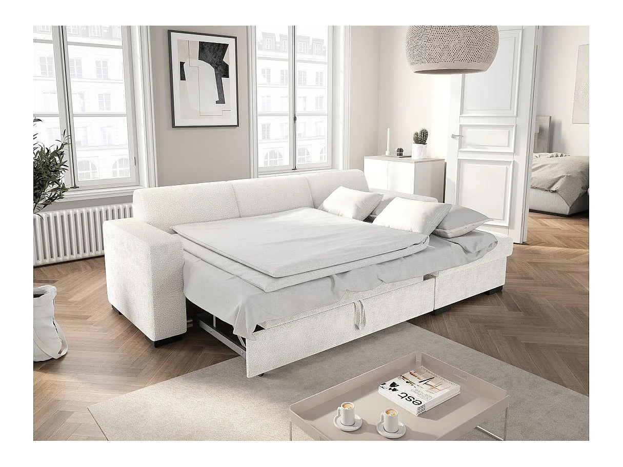 Canapé d'angle convertible 4 places avec coffre en tissu blanc FUJI
