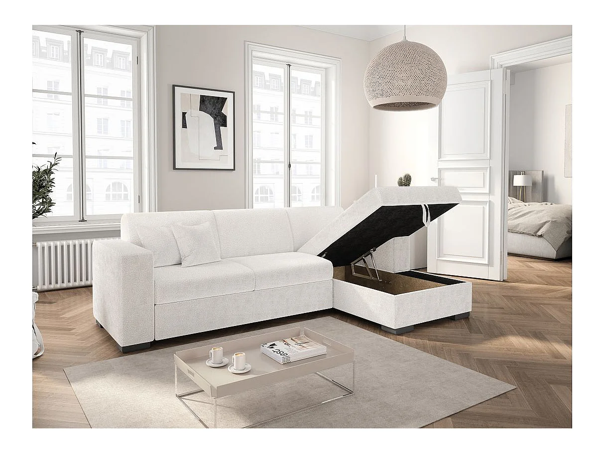 Canapé d'angle convertible 4 places avec coffre en tissu blanc FUJI