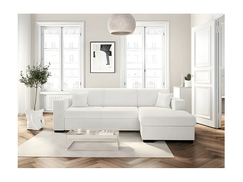 Canapé d'angle droit 4 places Fuji XL convertible avec coffre en tissu bouclette - Blanc - L262 x P157 x H83cm - Loungitude