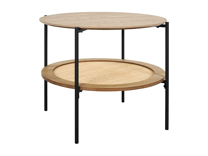 Mesa de centro redonda con tablero doble efecto madera y caña natural
