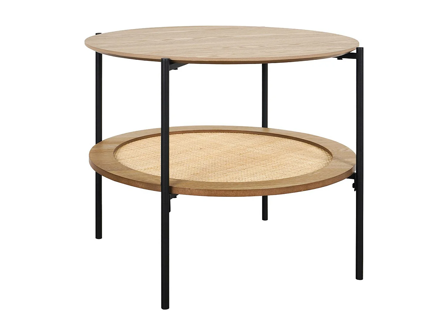 Mesa de centro redonda con tablero doble efecto madera y caña natural