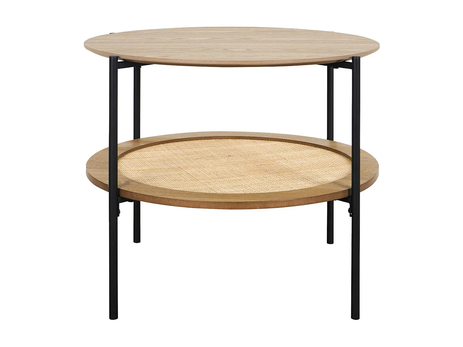 Mesa de centro redonda con tablero doble efecto madera y caña natural