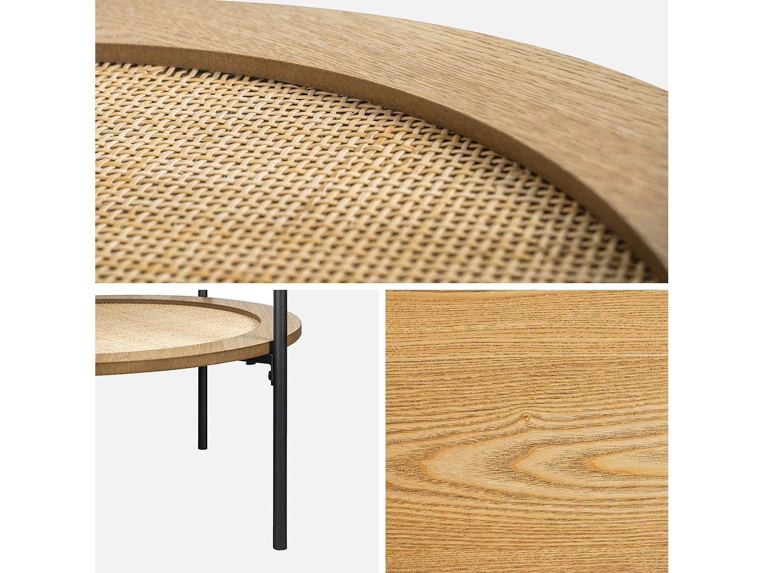 Mesa de centro redonda con tablero doble efecto madera y caña natural