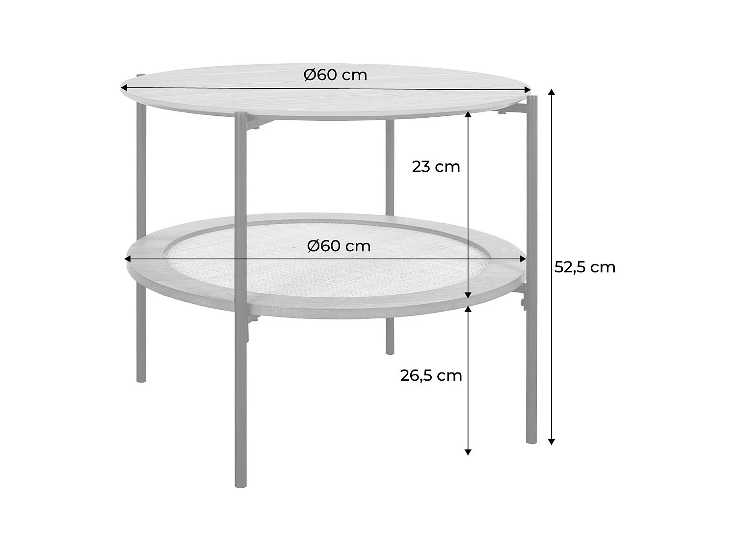 Table basse coloris naturel vintage double plateaux décor bois et cannage. piètement et structure en métal noir