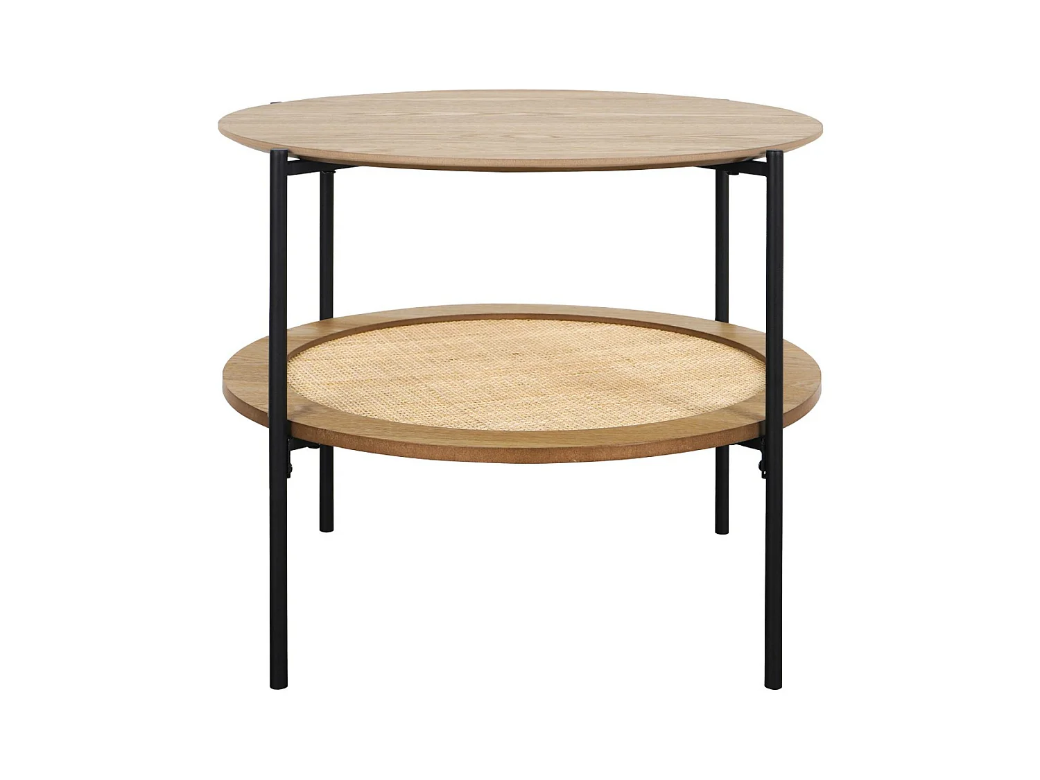 Table basse coloris naturel vintage double plateaux décor bois et cannage. piètement et structure en métal noir
