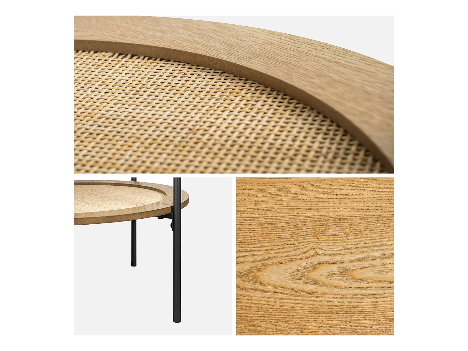 Table basse coloris naturel vintage double plateaux décor bois et cannage. piètement et structure en métal noir
