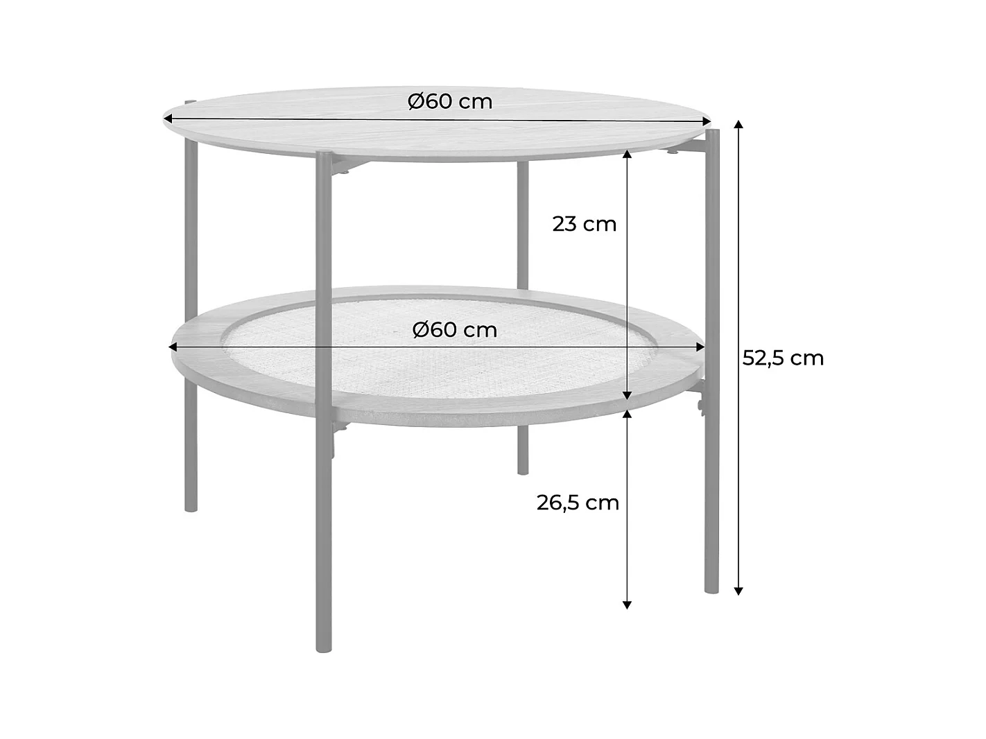 Table basse coloris naturel vintage double plateaux décor bois et cannage. piètement et structure en métal noir