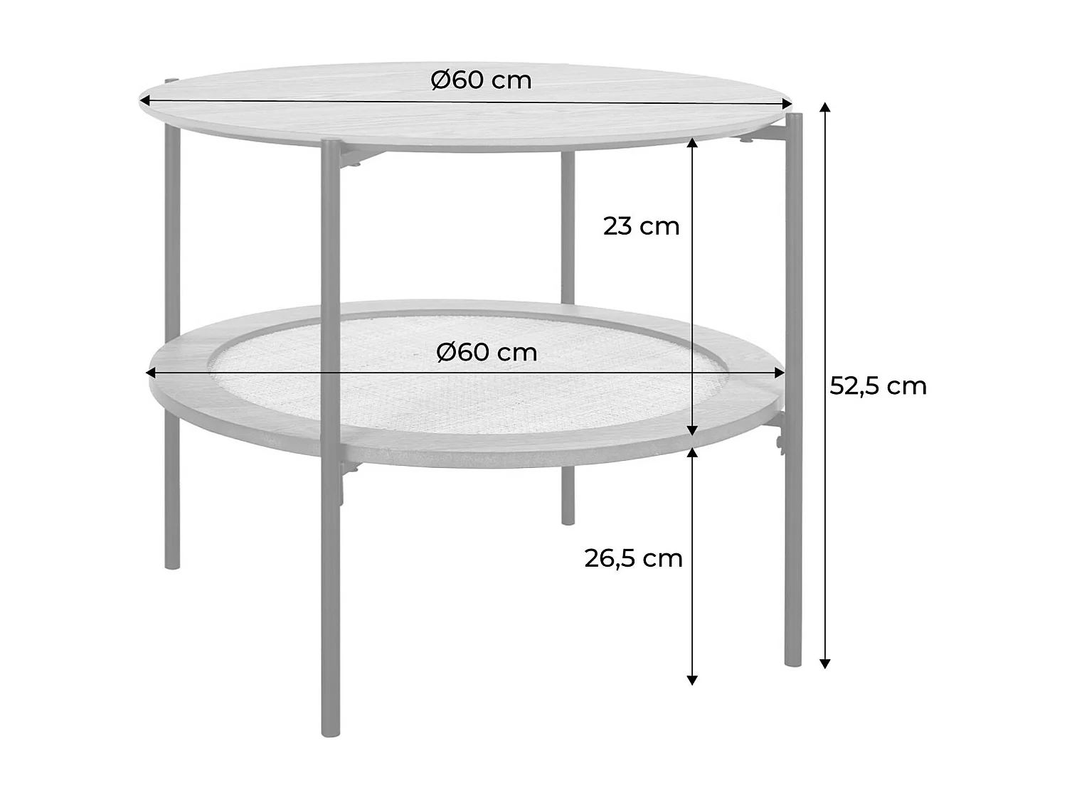 Table basse coloris naturel vintage double plateaux décor bois et cannage. piètement et structure en métal noir