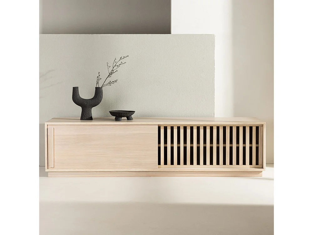 Meuble TV Design Nervuré "Lugo" 180cm Naturel