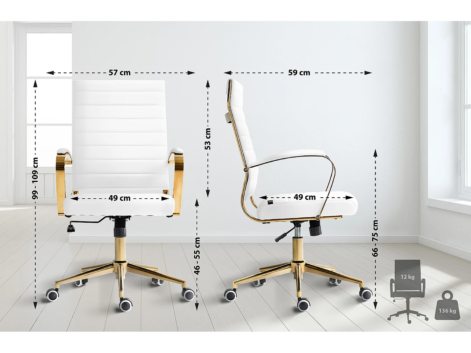 Chaise de bureau - Similicuir - Blanc - Havanna