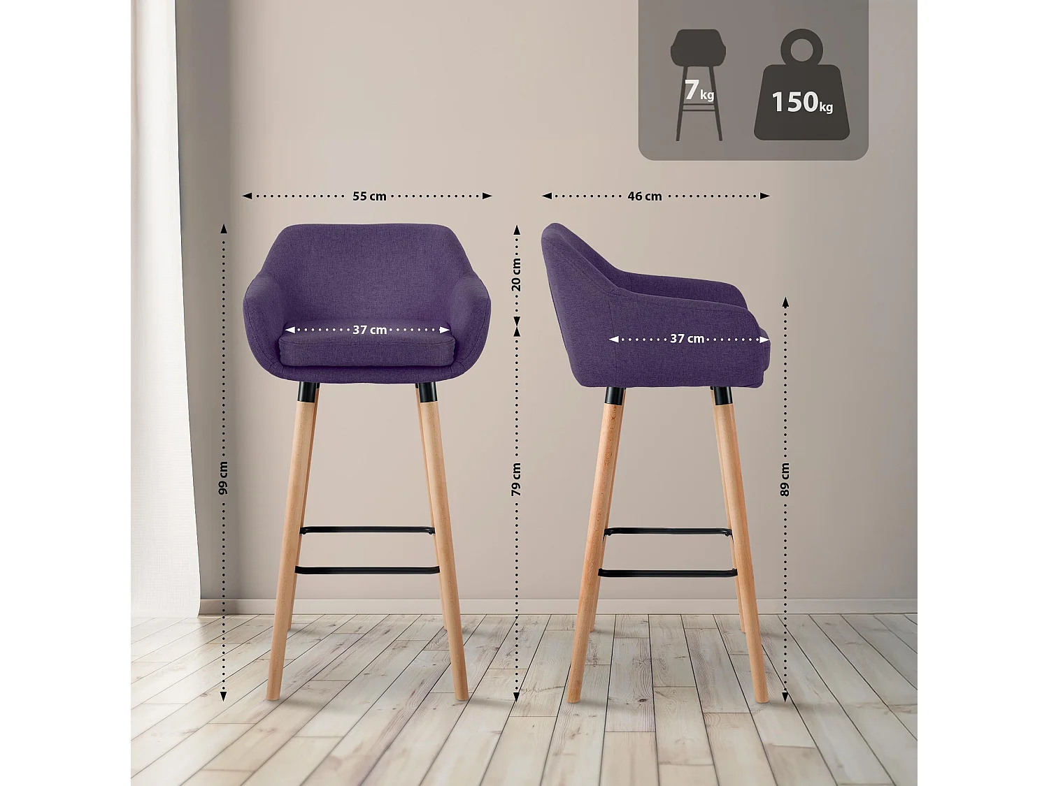 Lot de 2  Tabouret de bar - Tissu - Violet - Grant