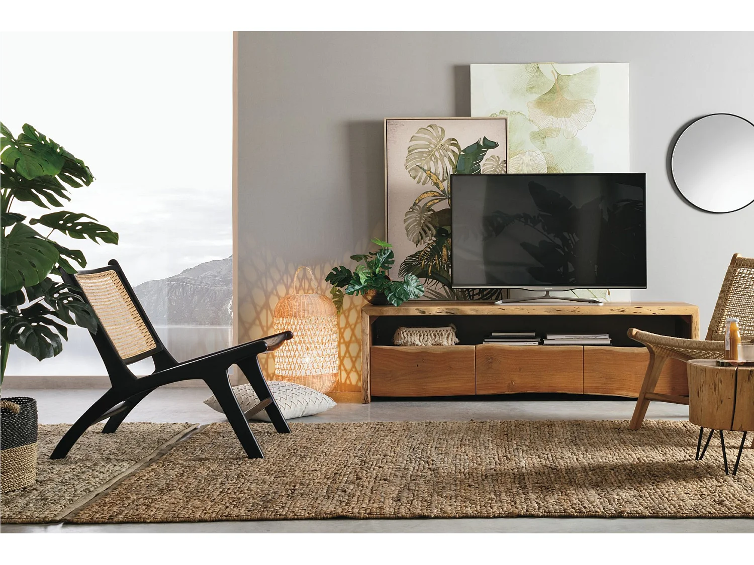 Meuble TV en bois d'acacia naturel 3 tiroirs 1 niche L160 - MIMOSA