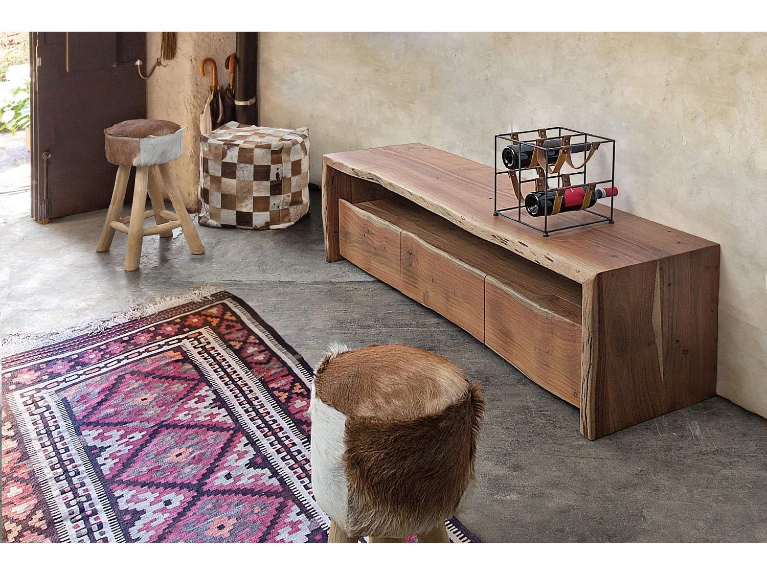 Meuble TV en bois d'acacia naturel 3 tiroirs 1 niche L160 - MIMOSA