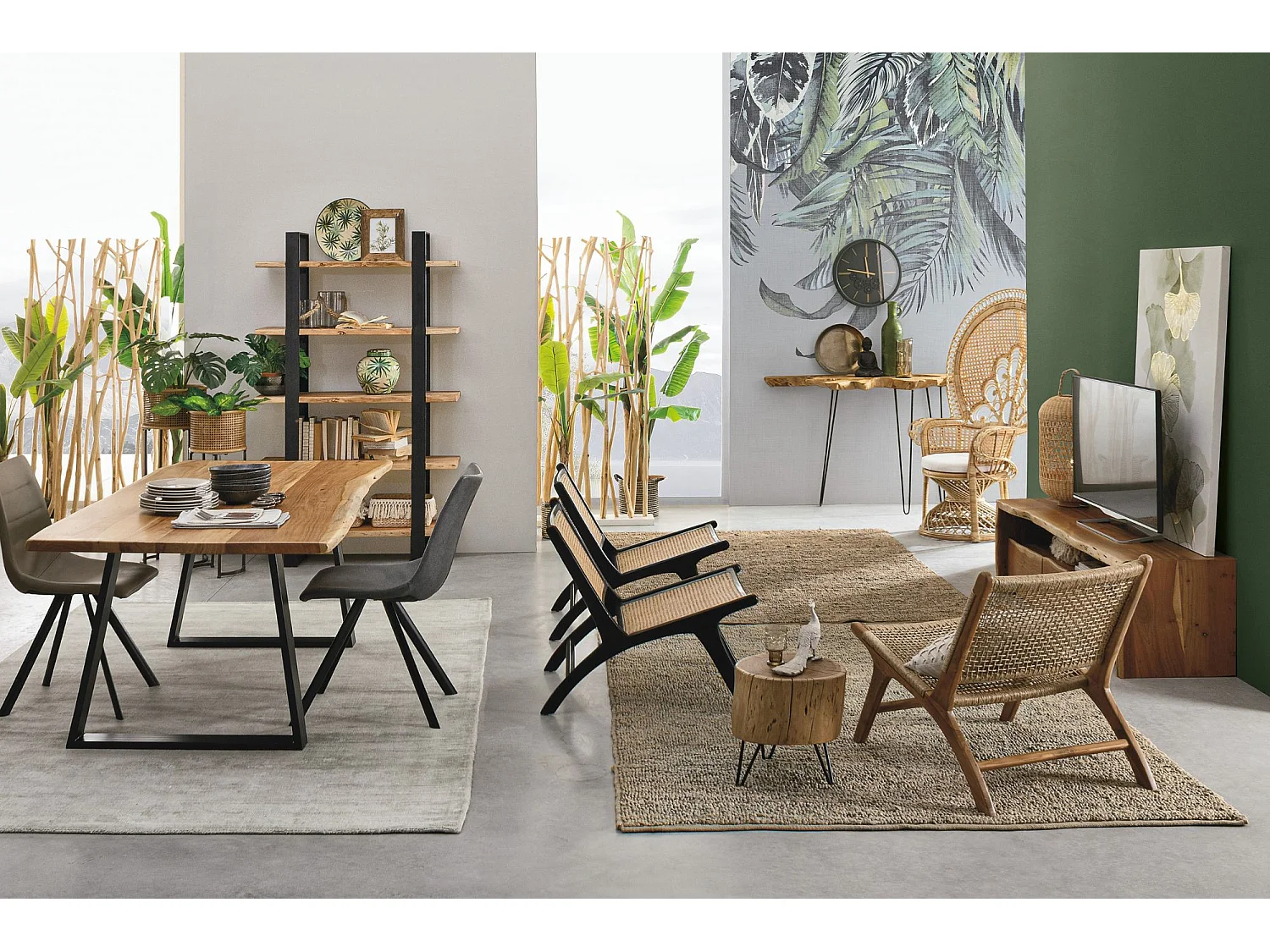 Meuble TV en bois d'acacia naturel 3 tiroirs 1 niche L160 - MIMOSA