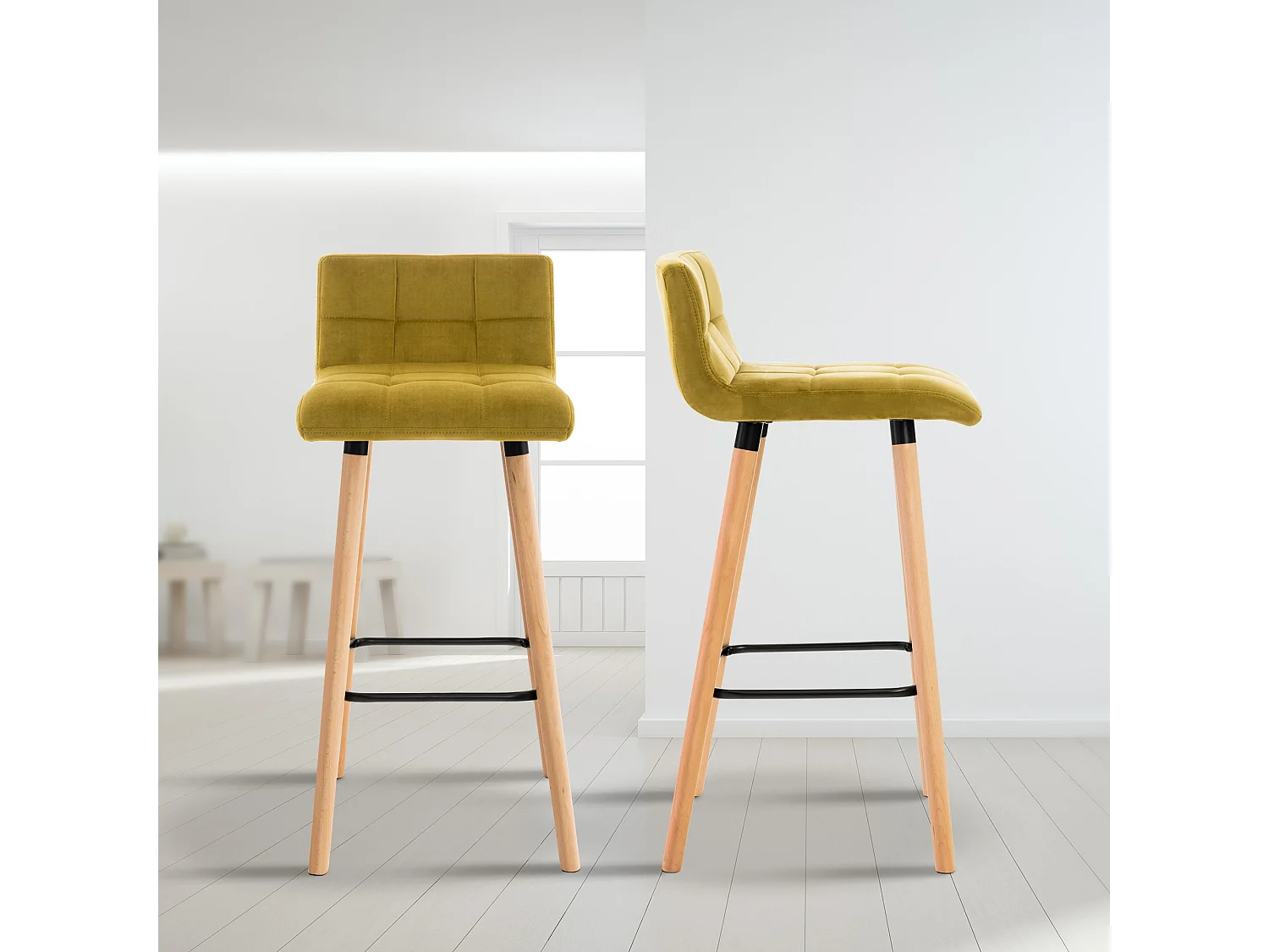 Lot de 2  Tabouret de bar - Velours & Nature - Jaune - Lincoln