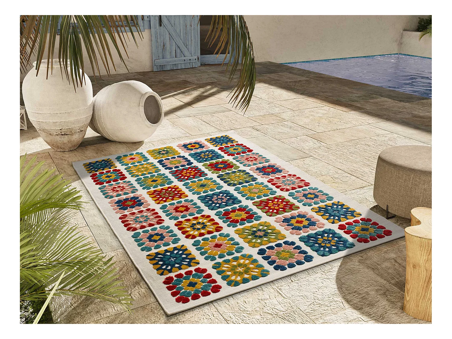 Tapis extérieur - géométrique avec relief - multicolore - 80 x 150 cm - MILA