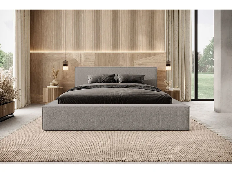 Polsterbett mit Bouclé-Bezug, Bettkasten und Lattenrost, dunkelgrau, 140 cm - BOCALIO