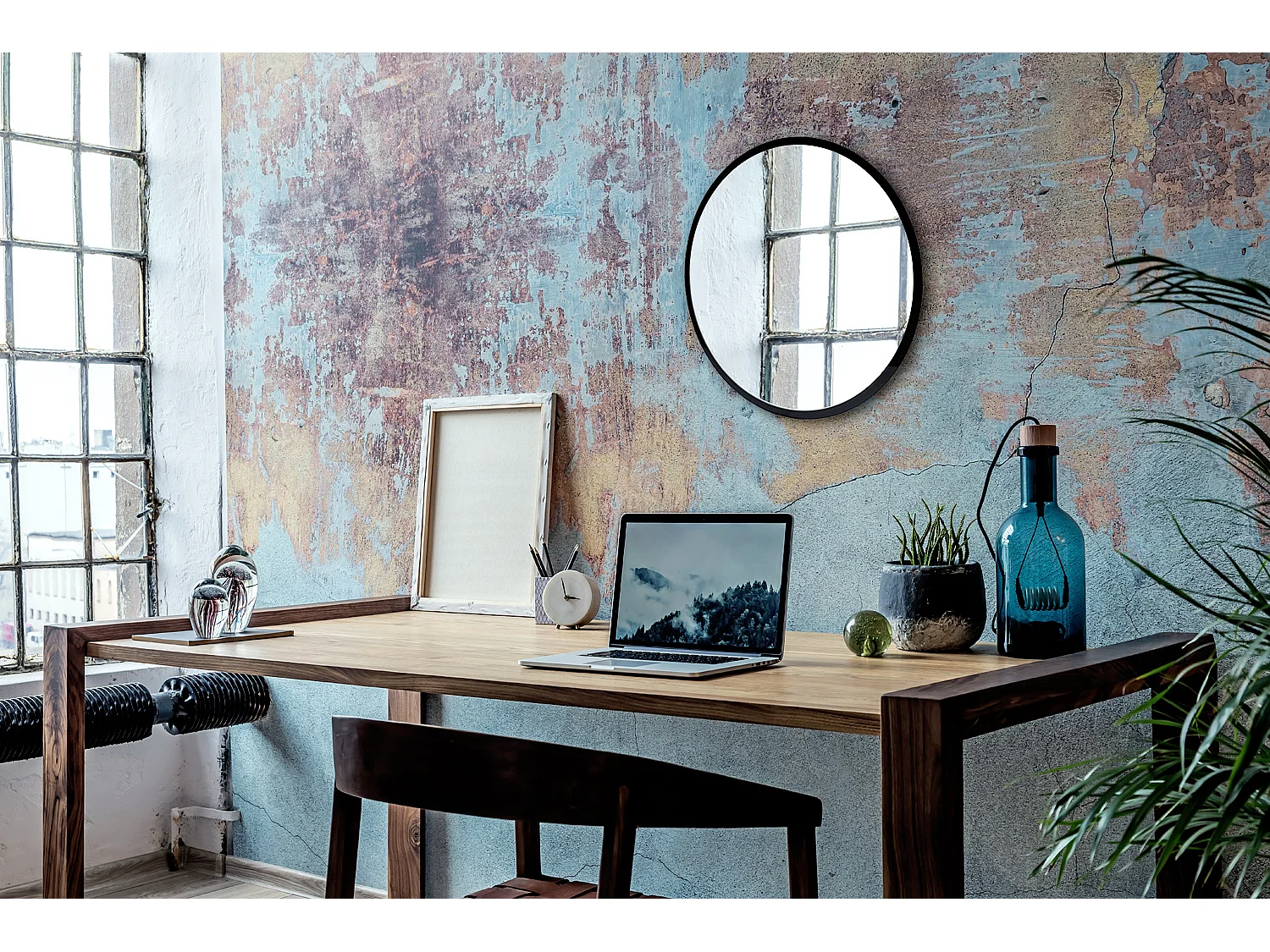 Miroir de salle de bain rond Loft avec cadre noir 70 cm