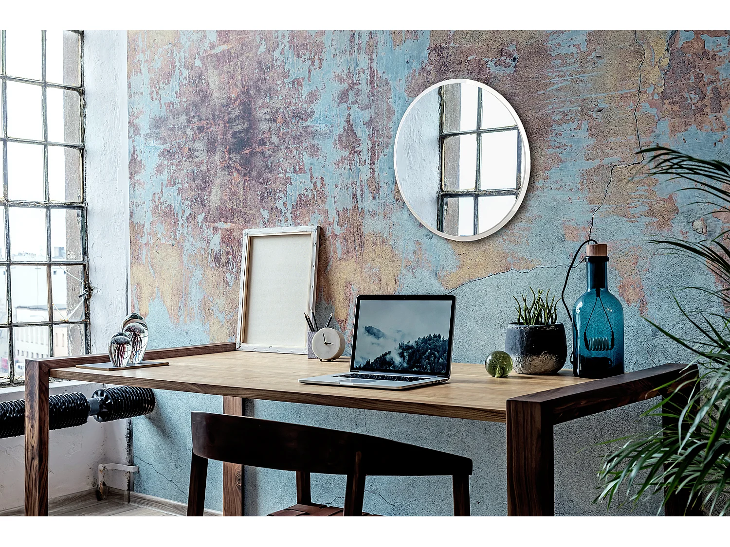 Loft runder Wandspiegel mit weißem Rahmen, 100 cm