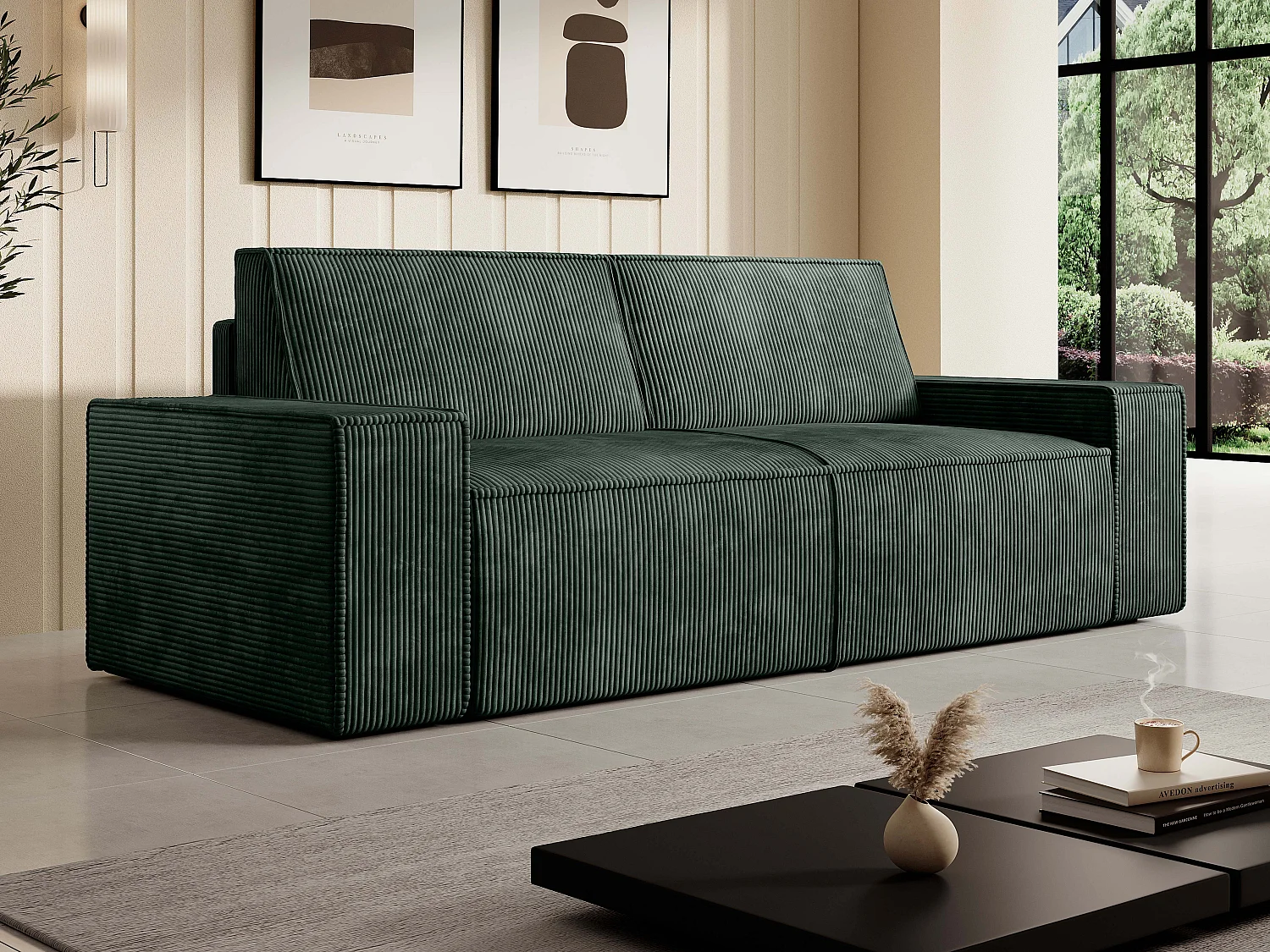 Driezits- en tweezitsbank van groen ribfluweel AMELIA